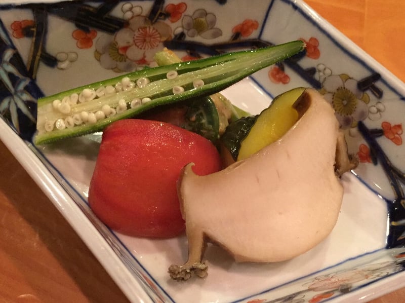日本料理たかむら 秋田市大町 八寸 アワビ アケビの芽 アメーラトマト 野生のアスパラガス カボチャ