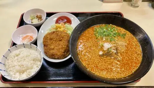 肉みそラーメン 日吉丸＠福島県郡山市菜根にて元祖肉みそラーメンのAセットをオーダー！看板メニューにメンチカツ＋半ライス＋納豆＋小鉢が付いた大満足ユニット♪