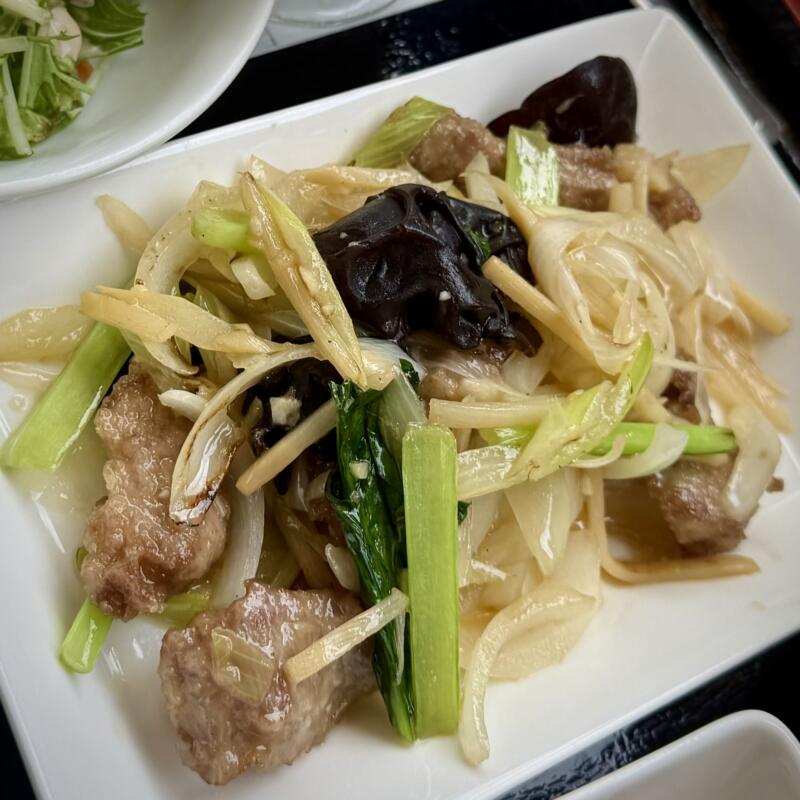 中国料理 龍潭酒家 ロンタンシュカ ろんたんしゅか 岩手県二戸市福岡 Aランチ 葱爆猪肉＆油溌麺 佐助豚と葱の炒め＆ヨウポー麺 ご飯 漬け物 小鉢 スープ サラダ デザート セット