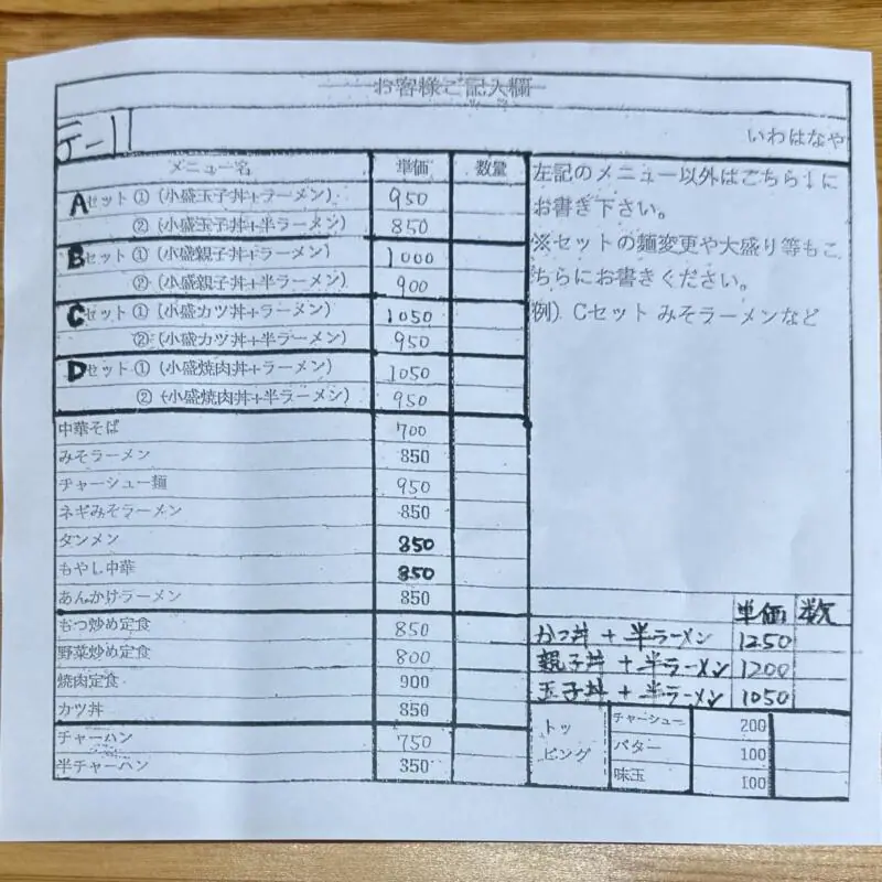 いわはなや食堂 山形県西置賜郡飯豊町手ノ子 手ノ子駅 置賜総合病院前 注文書