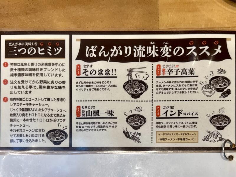 純米濃厚味噌ラーメンばんがり 岩手県北上市町分 萩の江橋さくらホール前 柳原駅 メニュー 味変 オススメ