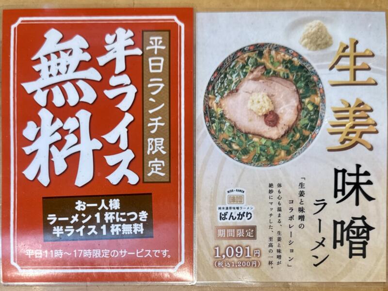 純米濃厚味噌ラーメンばんがり 岩手県北上市町分 萩の江橋さくらホール前 柳原駅 メニュー