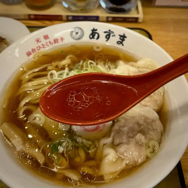 元祖仙台ひとくち餃子 あずま 一番町店 宮城県仙台市青葉区一番町 広瀬通一番町 青葉通一番町駅 勾当台公園駅 ワンタン麺餃子セット 雲呑麺 醤油ラーメン スープ