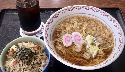 お食事処 雁の里＠秋田県仙北郡美郷町飯詰にて美郷たぬ中＋美郷まんま＋アイスコーヒーをオーダー！美郷町のソウルフード的なラーメン＆ご飯の両方が食べれるお得なセットメニュー♪