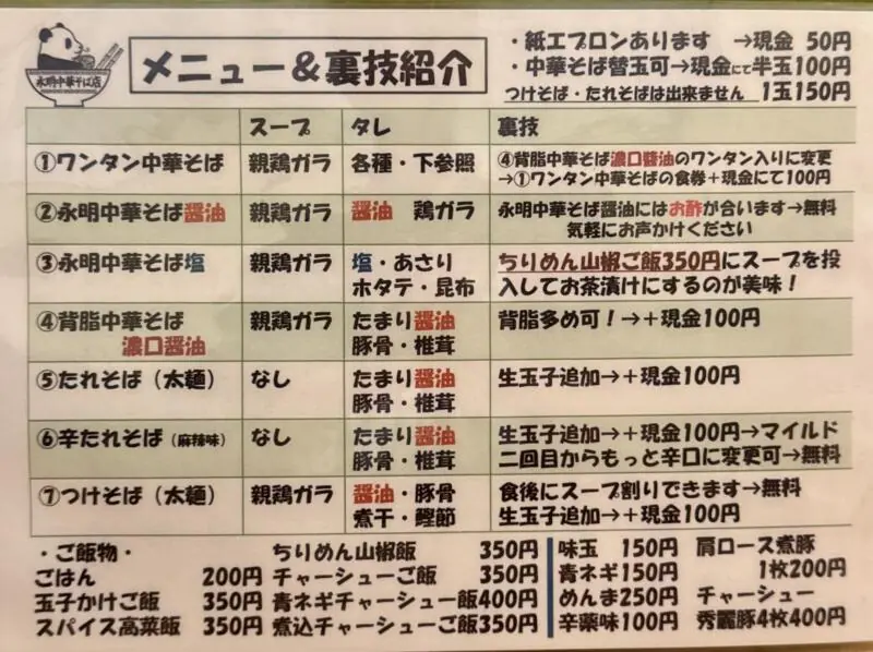 永明中華そば店 東京都江東区大島 大島駅 大島駅前 メニュー