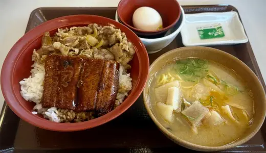 すき家398号湯沢沖鶴店＠秋田県湯沢市にてうな牛＋とん汁みそらーめんおんたまセットをオーダー！ラーメンとして食べた後の豚汁で鰻＆牛の合い盛り丼を食べる華やかなランチタイム♪