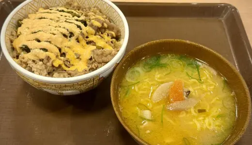 すき家 13号秋田牛島店にてとん汁みそらーめん＆高菜明太マヨ牛丼をオーダー！7月で提供終了っぽいのでラスト・トンジル・ススル♪